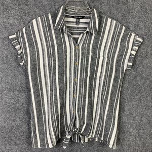 Ellen Tracy Cap Sleeve Linen Blend Crop Top Women M Tie Waist Striped Gray White